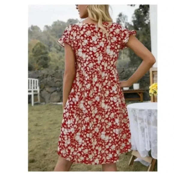 🆕Boho Trendy Red Floral Ruffle-Trim Pocket Shift Dress XL🆕 - Picture 2 of 9
